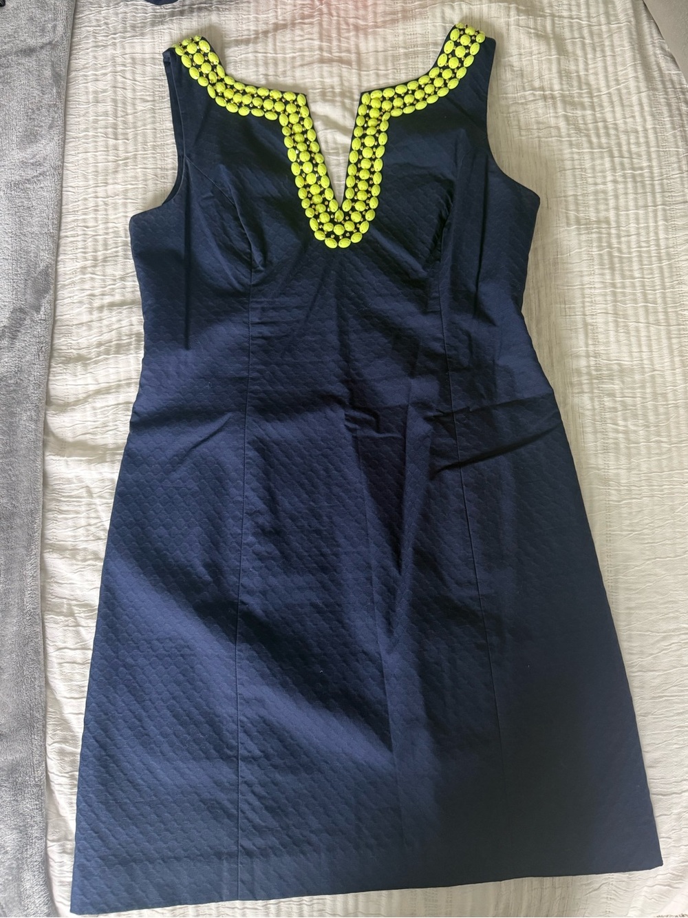 Lilly Pulitzer Navy Sheath Dress with Neon Yellow Beaded Neckline